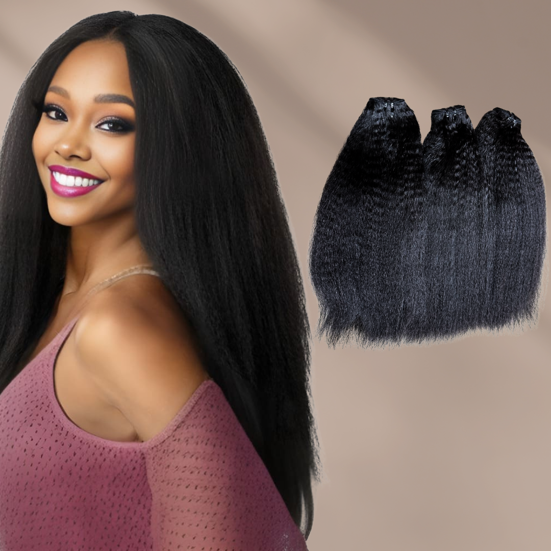 Woman with long straight black hair smiling beside a bundle of black hair extensions on a beige background