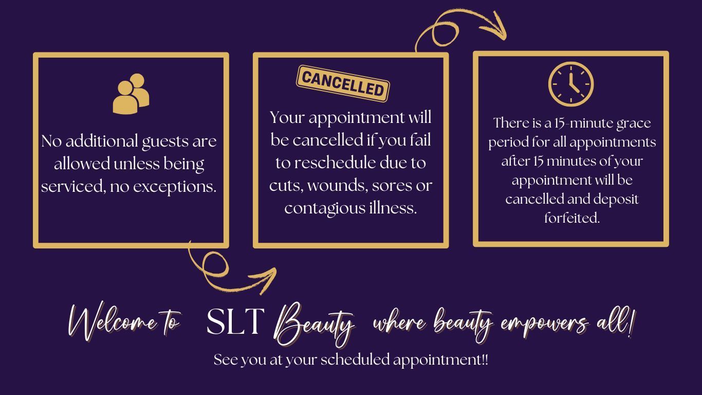 Purple and gold storefront promo with three info panels and “Welcome to S.I.T Beauty” text below