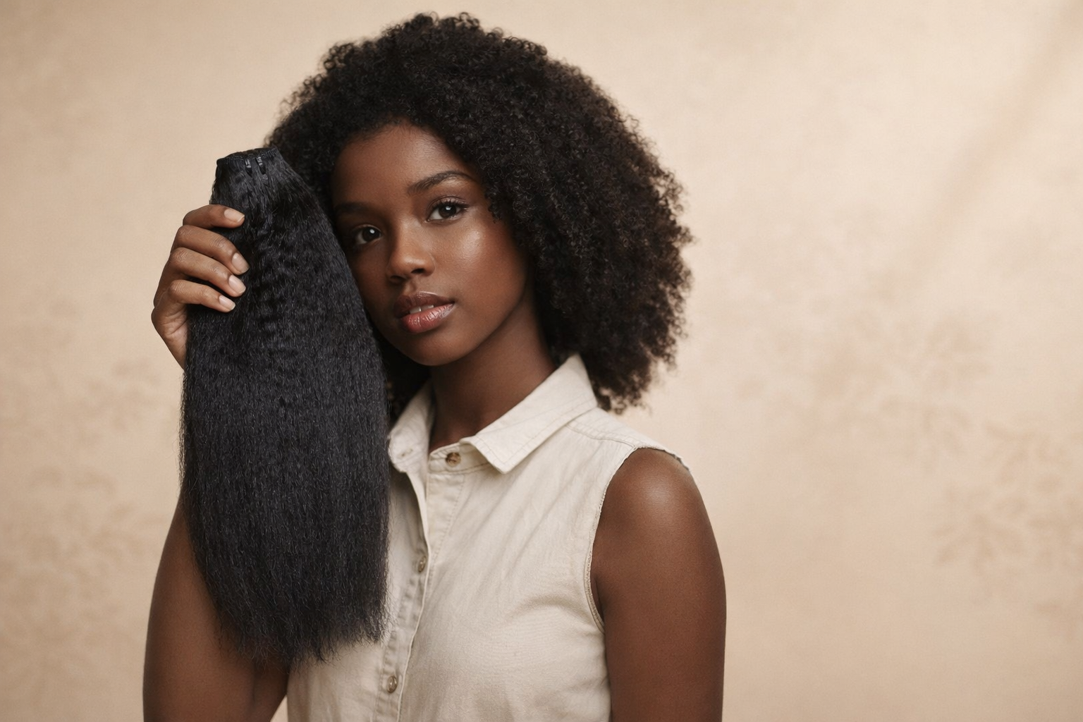 Woman holding a black hair extension against a beige background
