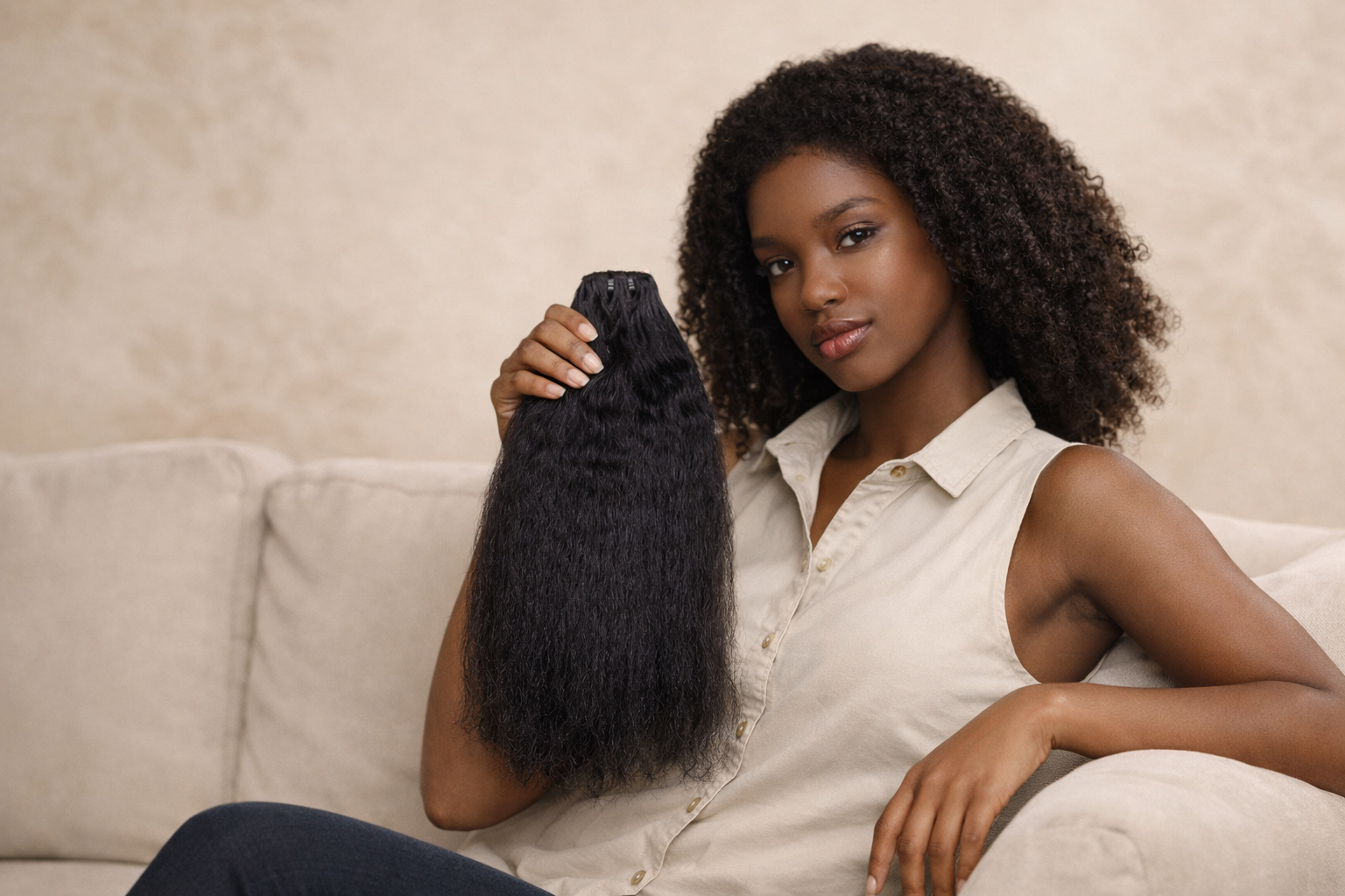 Woman on a beige couch holding a long black curly hair extension against a neutral background