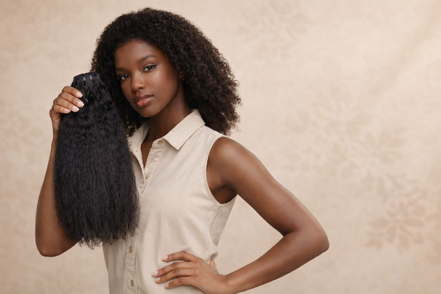 Woman holding a long black curly hair extension against a beige background