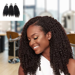 Woman with short curly dark hair smiling in a salon, with three matching curl hair extensions inset in the corner