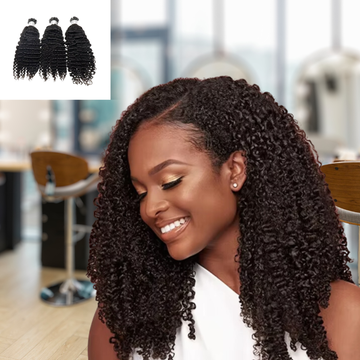 Woman with short curly dark hair smiling in a salon, with three matching curl hair extensions inset in the corner