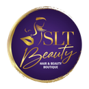 SLT Beauty hair and beauty boutique logo in gold on a purple circle with a stylized face line art