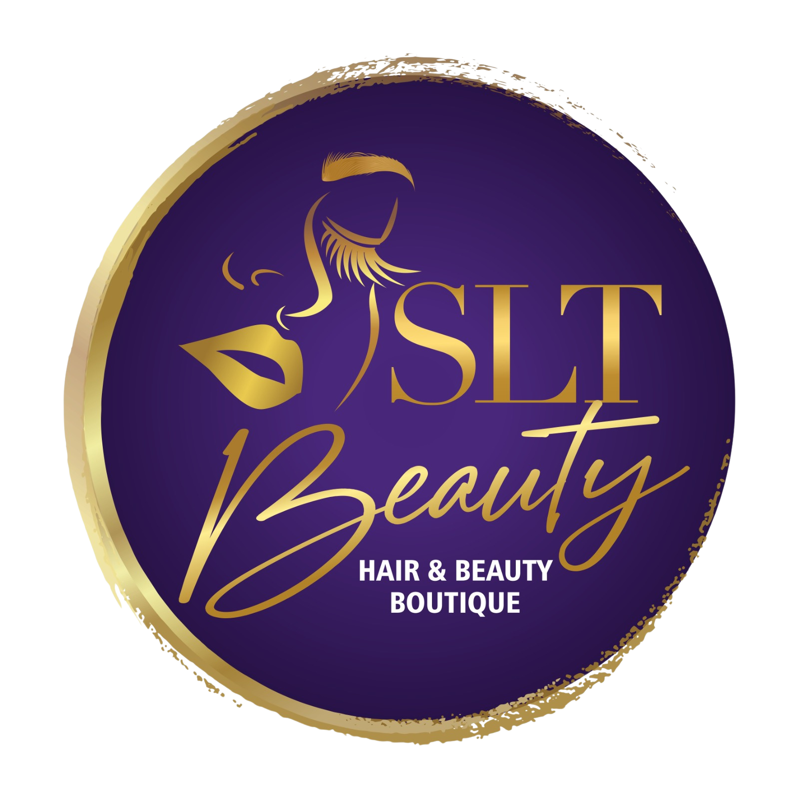 SLT Beauty hair and beauty boutique logo in gold on a purple circle with a stylized face line art