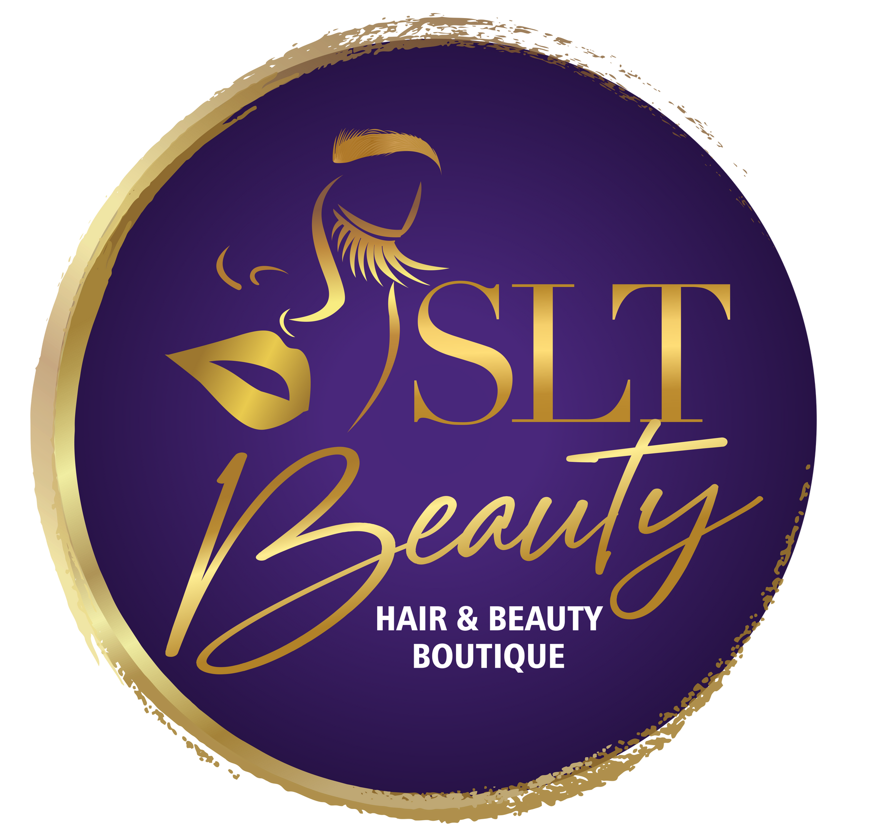 Purple and gold circular logo for JSLT Beauty Hair & Beauty Boutique with stylized woman silhouette