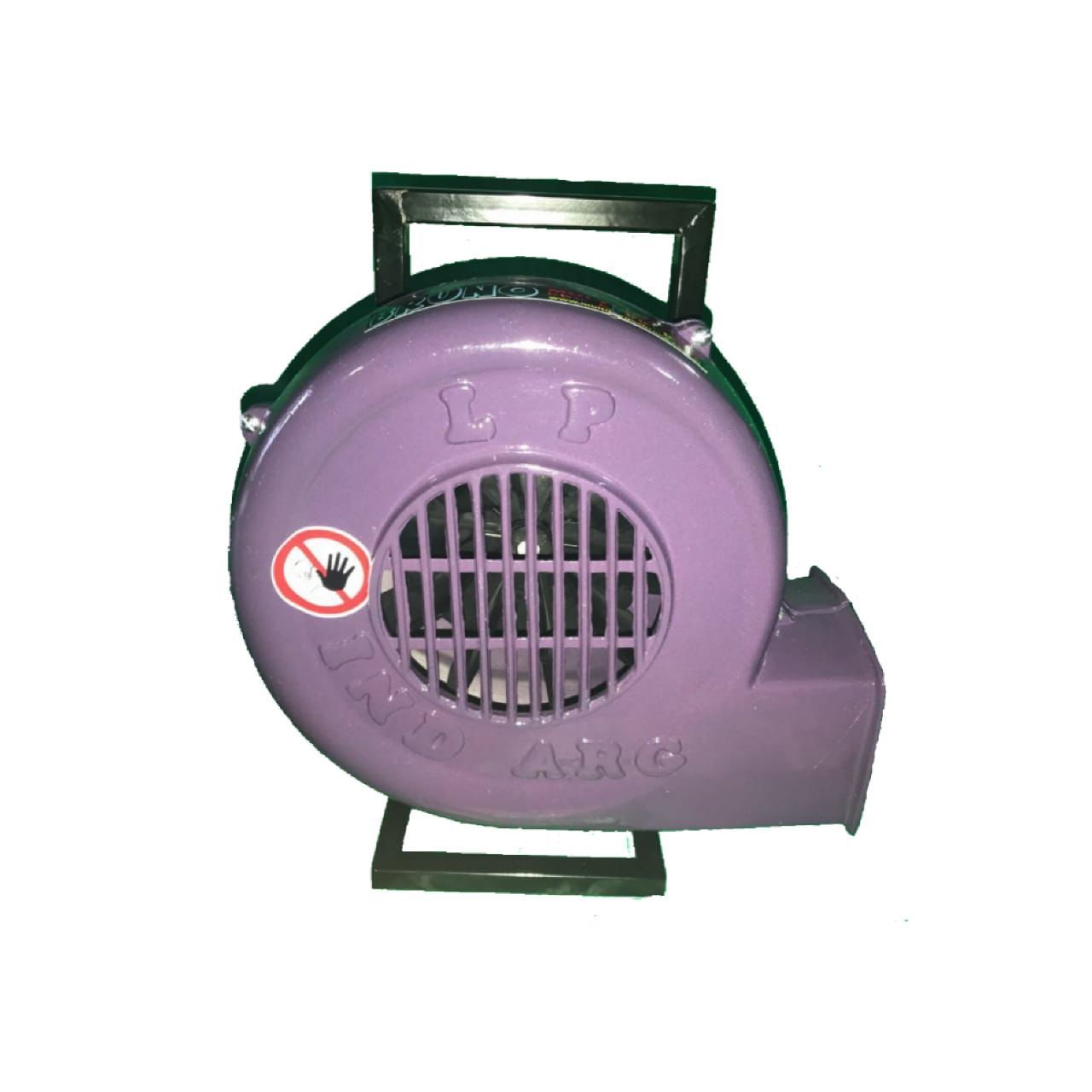 Un soplador centrífugo eléctrico portátil de color morado con un soporte de metal y un ícono de advertencia de seguridad