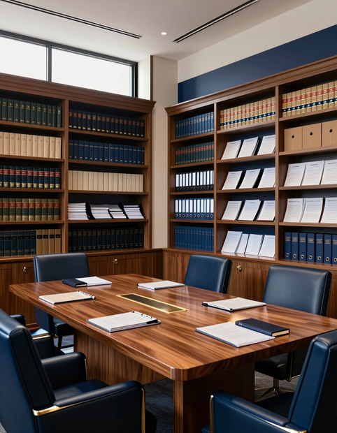 Sala de conferencias con una mesa de madera, sillas negras y estanterías de pared a pared llenas de archivadores y libros.
