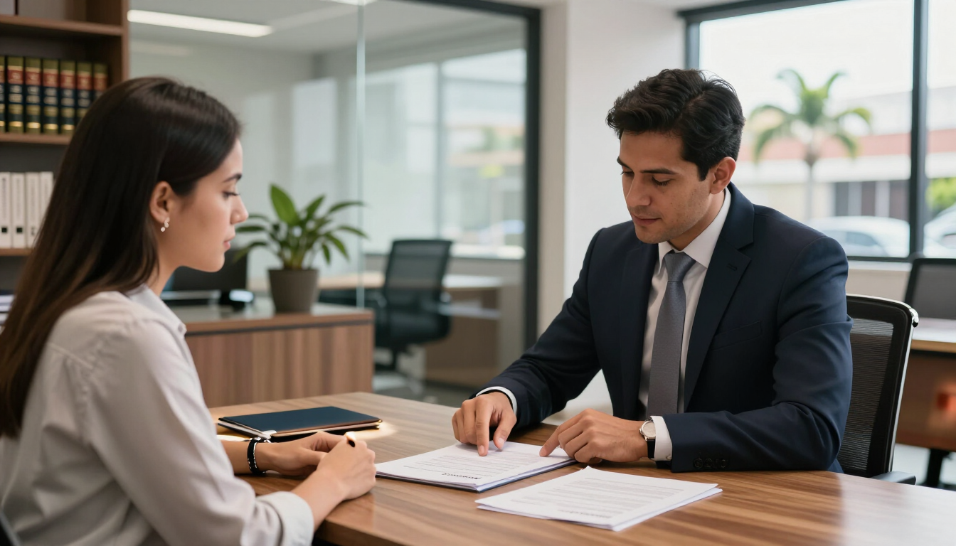 Dos personas vestidas de manera formal revisando documentos en una mesa de reuniones de una oficina moderna