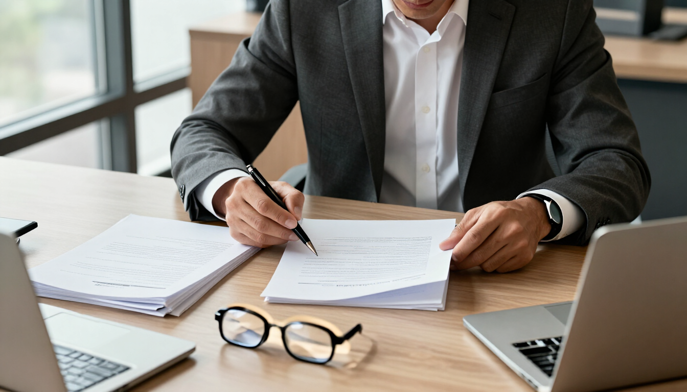 Profesional firmando documentos en un escritorio, con un portátil y unas gafas cerca