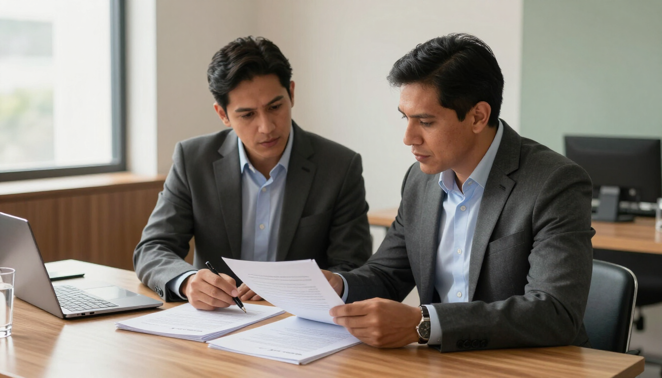 Dos empresarios revisando documentos en un escritorio de una oficina moderna