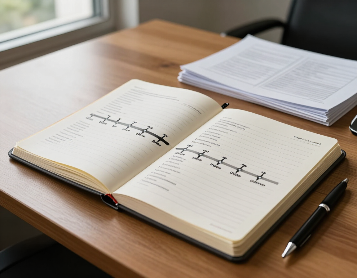 Cuaderno abierto con notas manuscritas sobre un escritorio de madera, junto a una pila de papeles y un bolígrafo.
