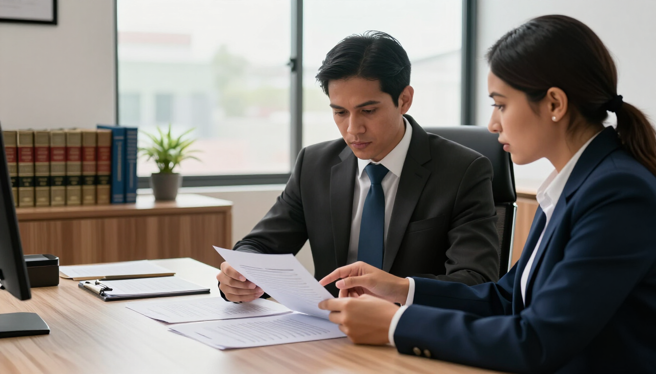 Dos profesionales de negocios revisan documentos en un escritorio de oficina
