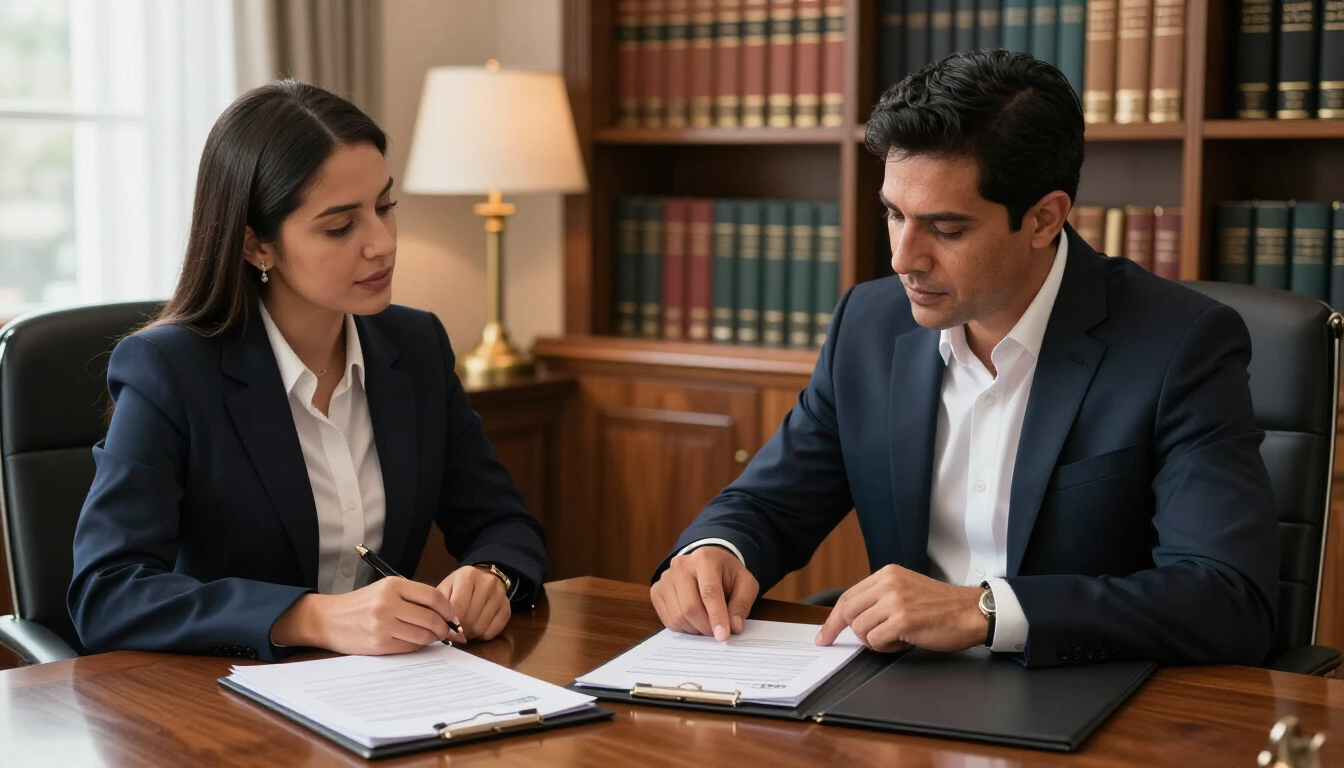 Dos profesionales revisan documentos en un escritorio de una oficina con estanterías y una lámpara.