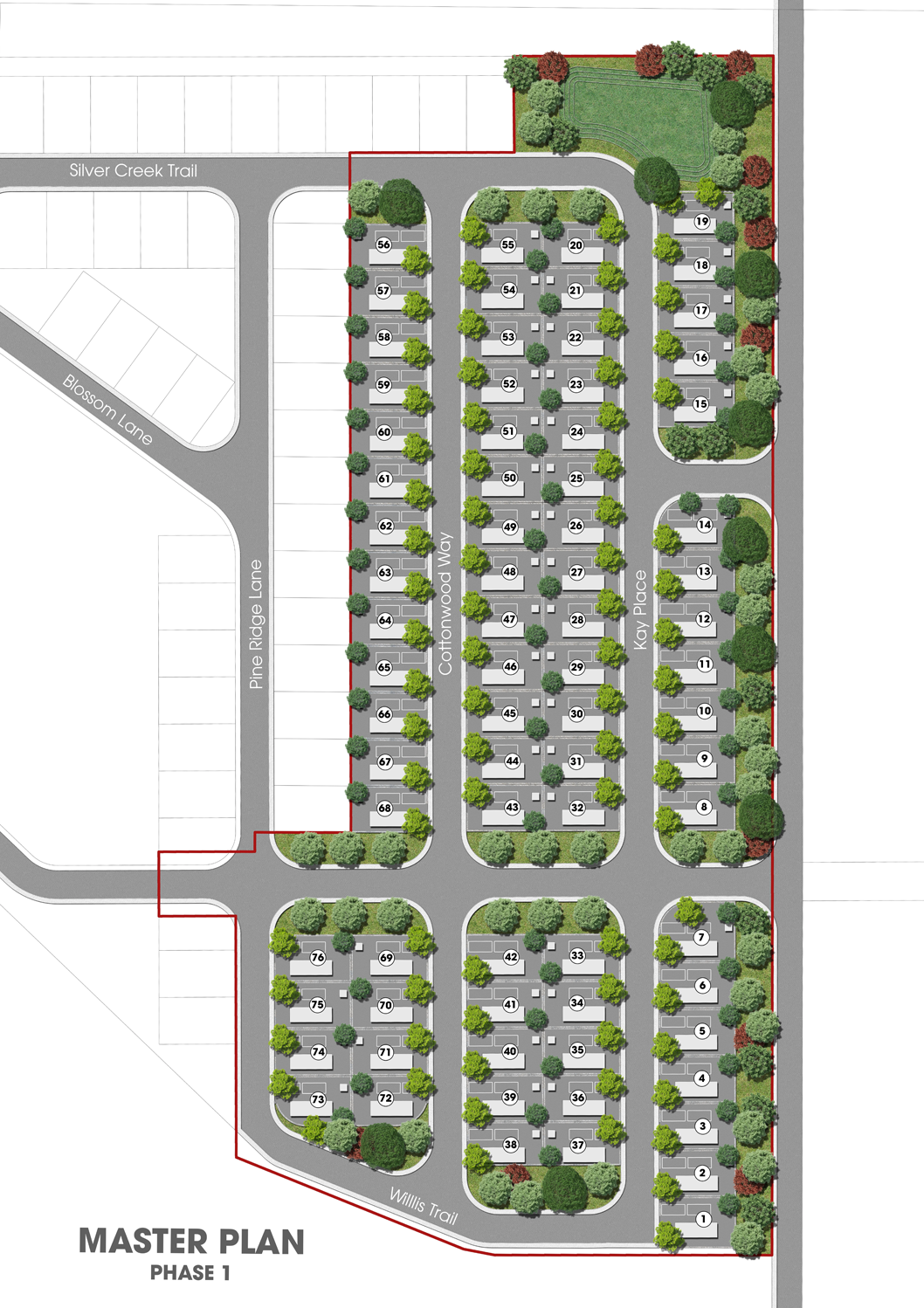 Master plan of a housing development; rows of houses with roads and green spaces, bordered by a red outline and trees.