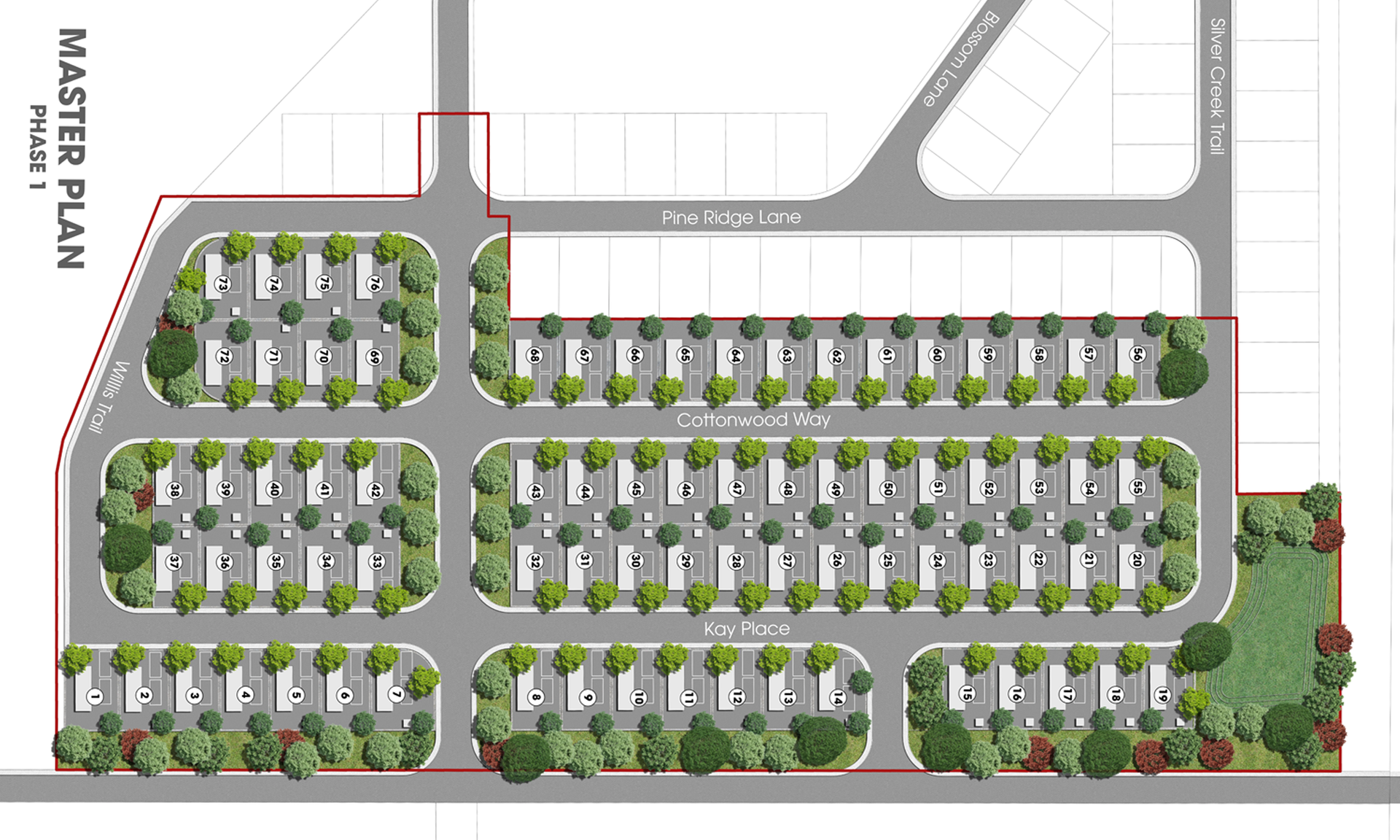 Master plan of a residential development with rows of houses, roads, and trees.