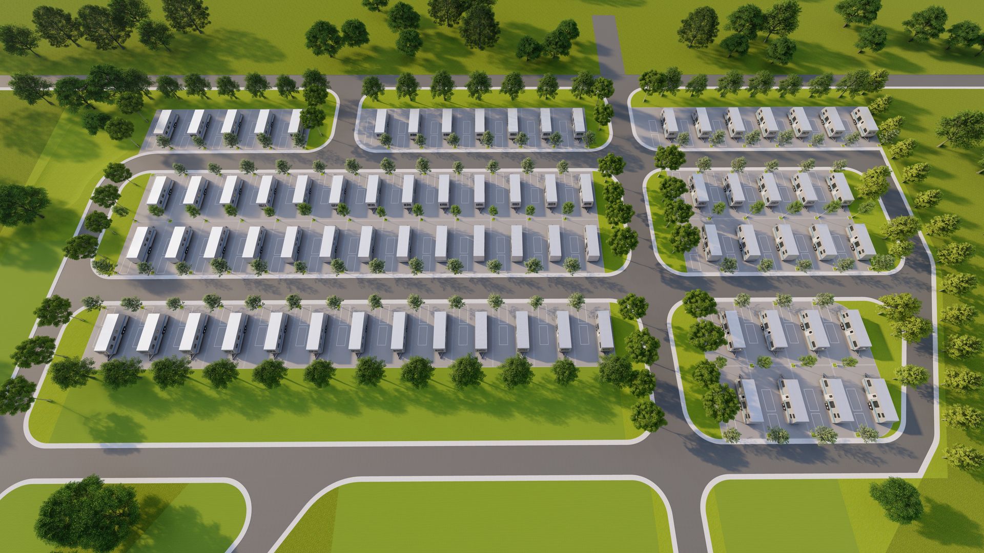 Aerial view of a planned RV park with rows of RVs, roads, trees, and grassy areas.