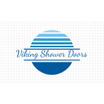Logo for Viking Shower Doors, featuring a blue and white striped sun and text.