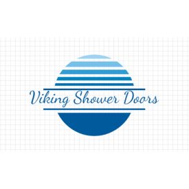 Logo for Viking Shower Doors, featuring a blue and white striped sun and text.