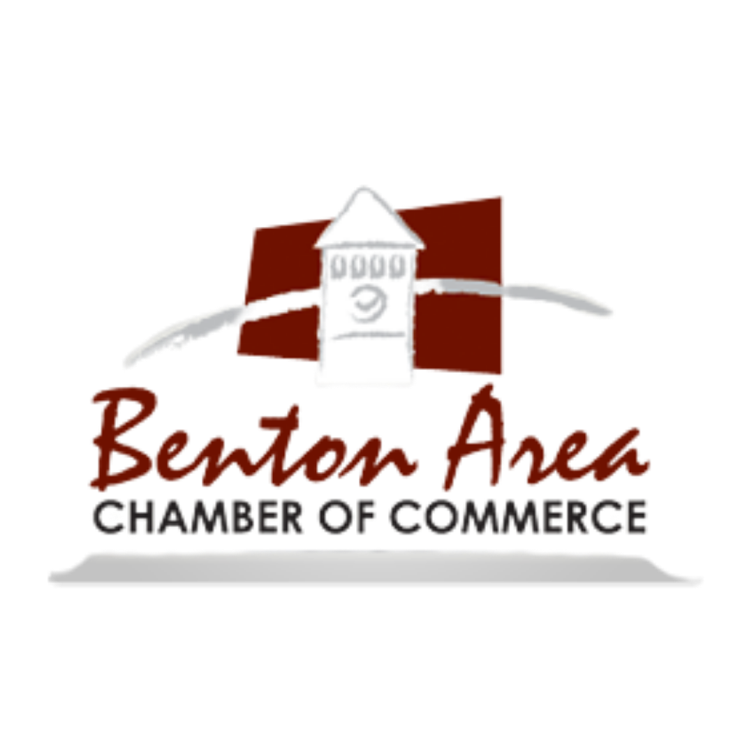 Benton Area Chamber of Commerce logo with stylized red text and a tower icon
