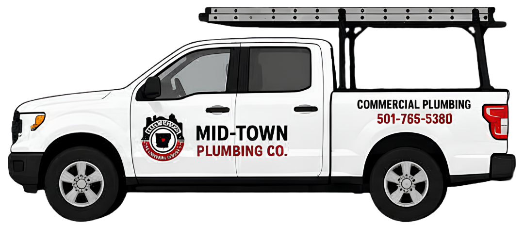 White Mid-Town Plumbing Co. truck with ladder rack and company logo, side view