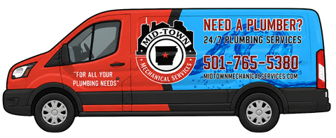 Red plumber service van with logo and phone number on blue ad wrap