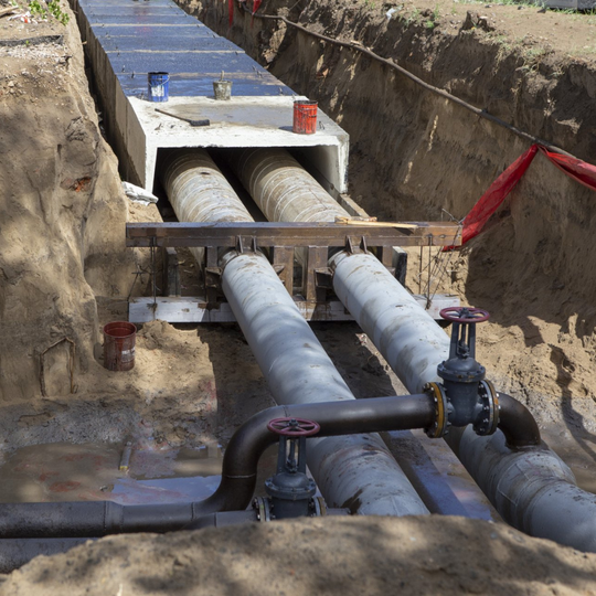 Trenched utility pipes and valves under construction in an excavated dirt site