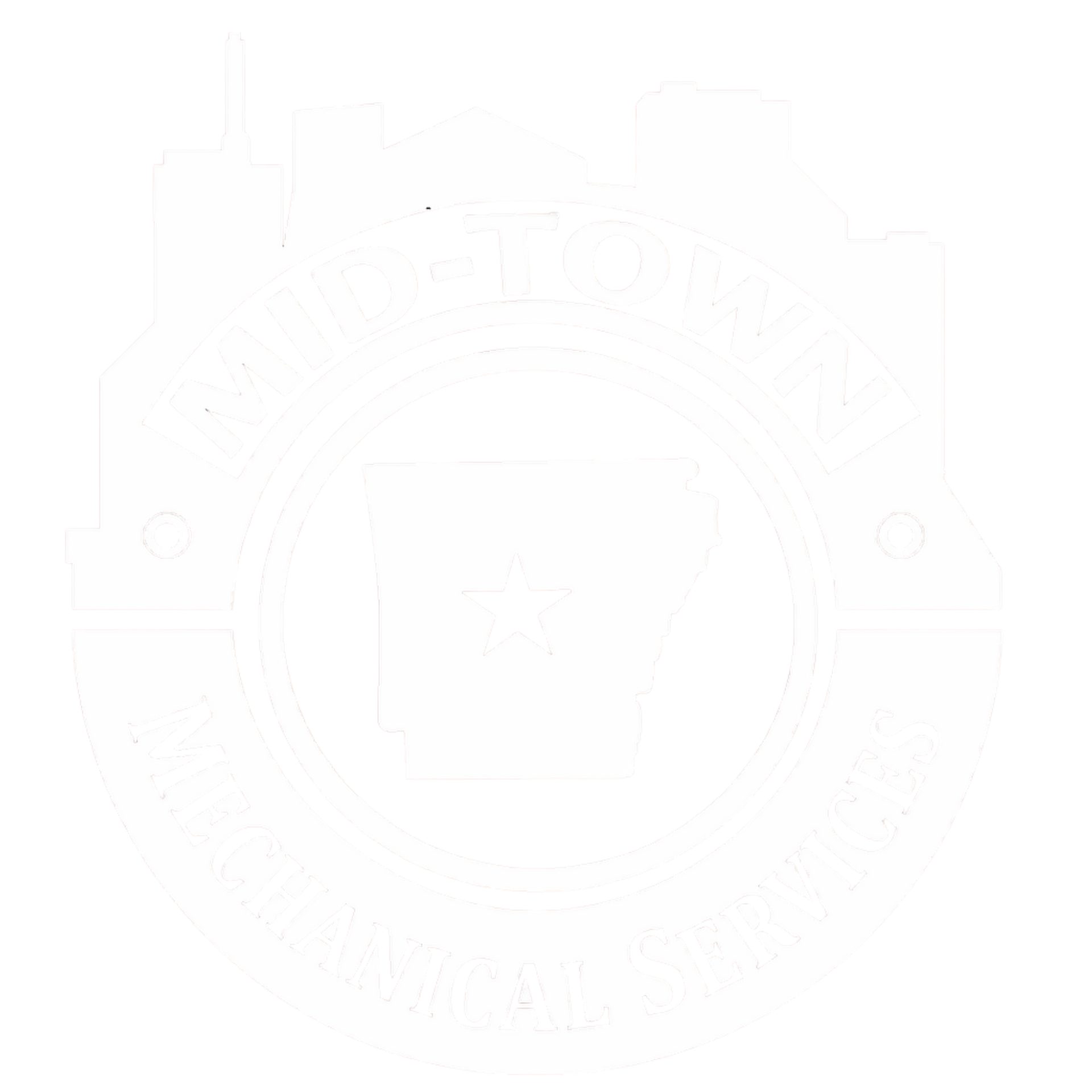 Mid-Town Mechanical Services logo with black city skyline, red accents, and Arkansas silhouette with red star