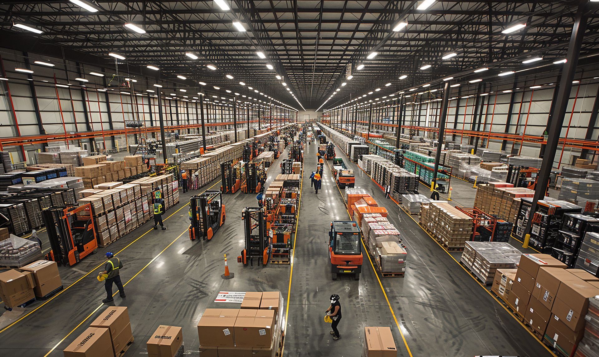 Wide warehouse interior with rows of pallets, forklifts, and workers moving through a busy shipping aisle.