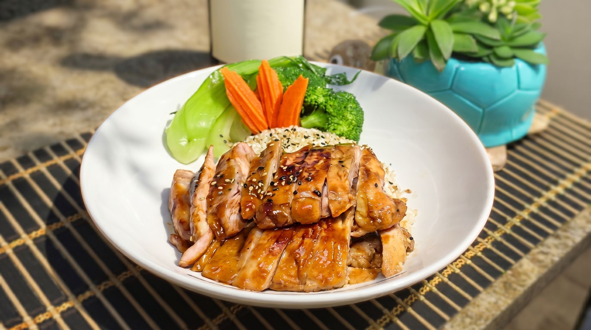 Thai chicken entree with rice and vegetables at Mai Thai Sushi & Ramen in Stuart, FL