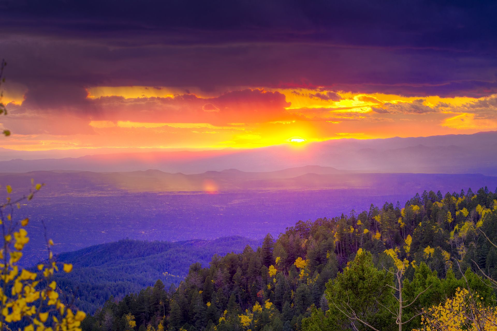 sunset in the mountains over looking Santa Fe, NM