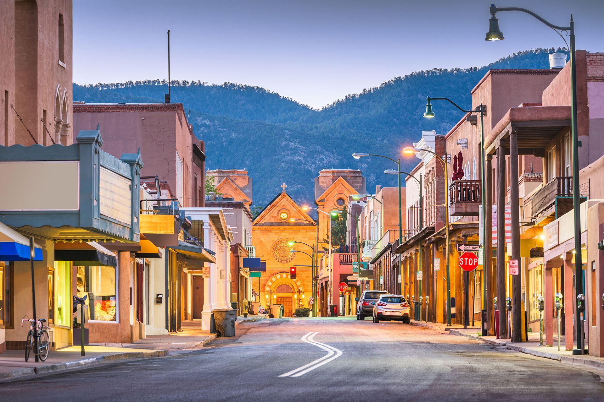 Santa Fe, NM city at dusk 