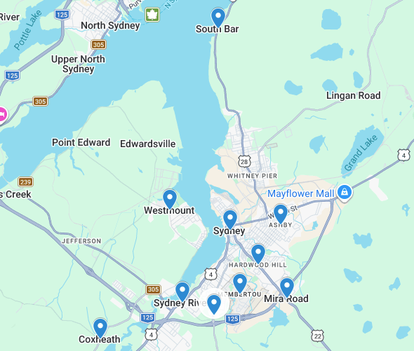 Map showing our foundation repair service area in Sydney, Nova Scotia