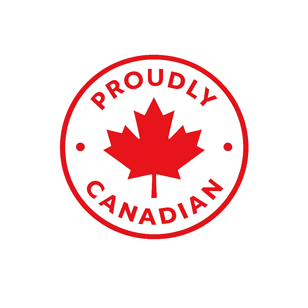 Proudly Canadian badge with a red maple leaf representing our company.