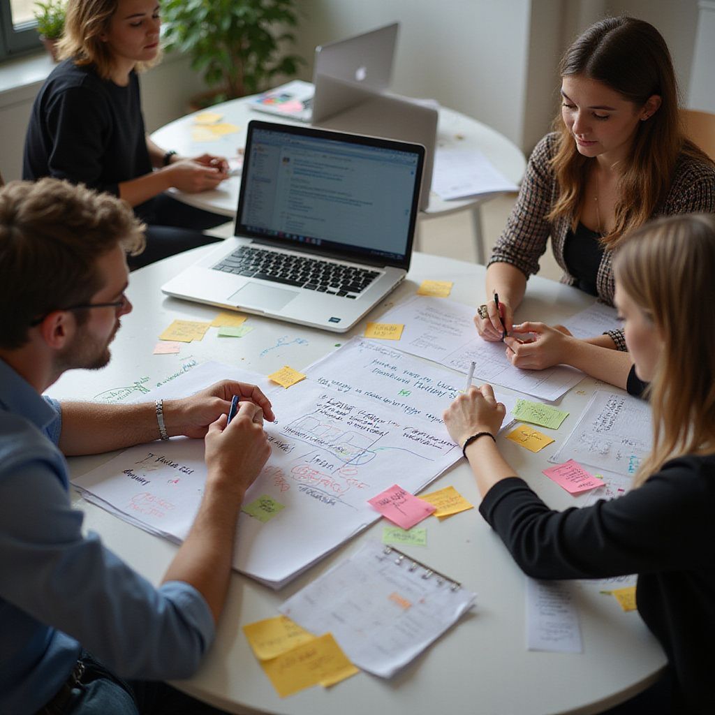 Four people collaborate around a white table covered in papers, sticky notes, and a laptop.