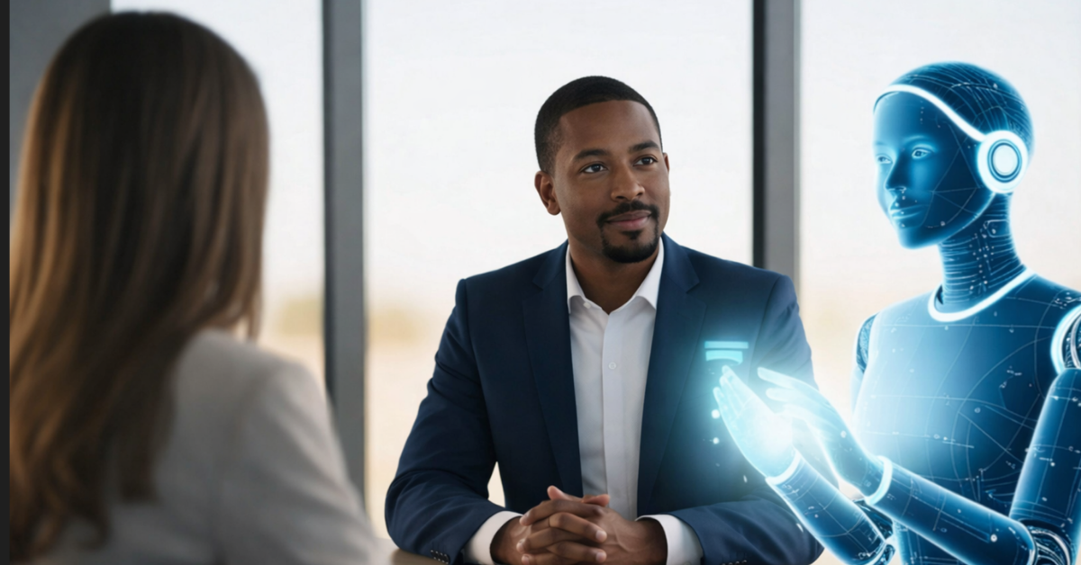 Man in a suit at a table with a woman and a glowing blue AI robot.