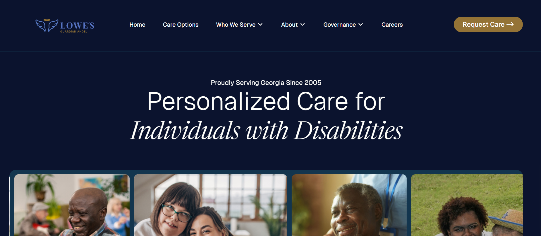 Website homepage: Personalized care for individuals with disabilities; photos of people.