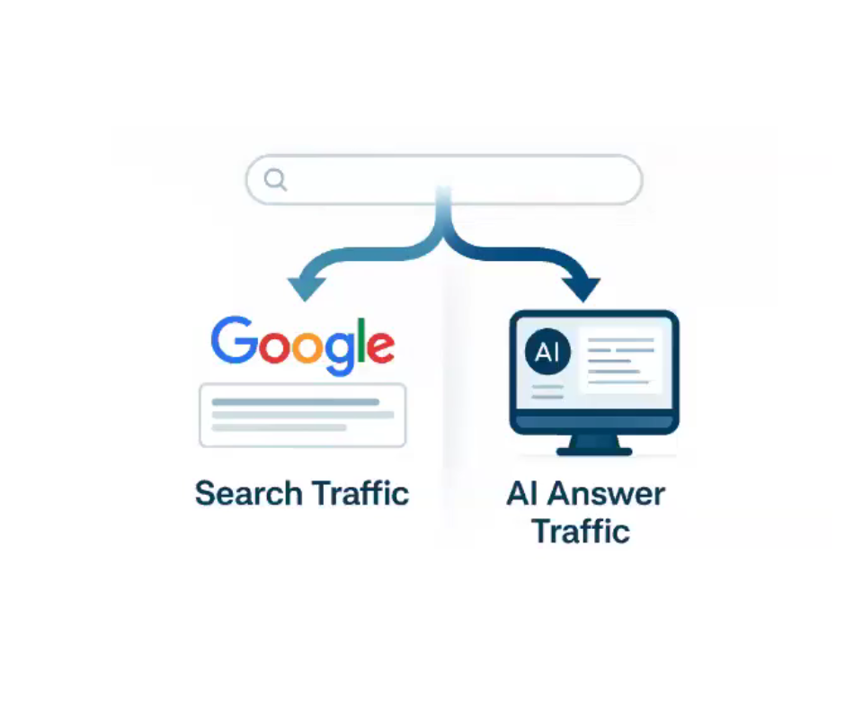 A search bar splits into Google search and AI answer traffic, depicted with blue arrows.