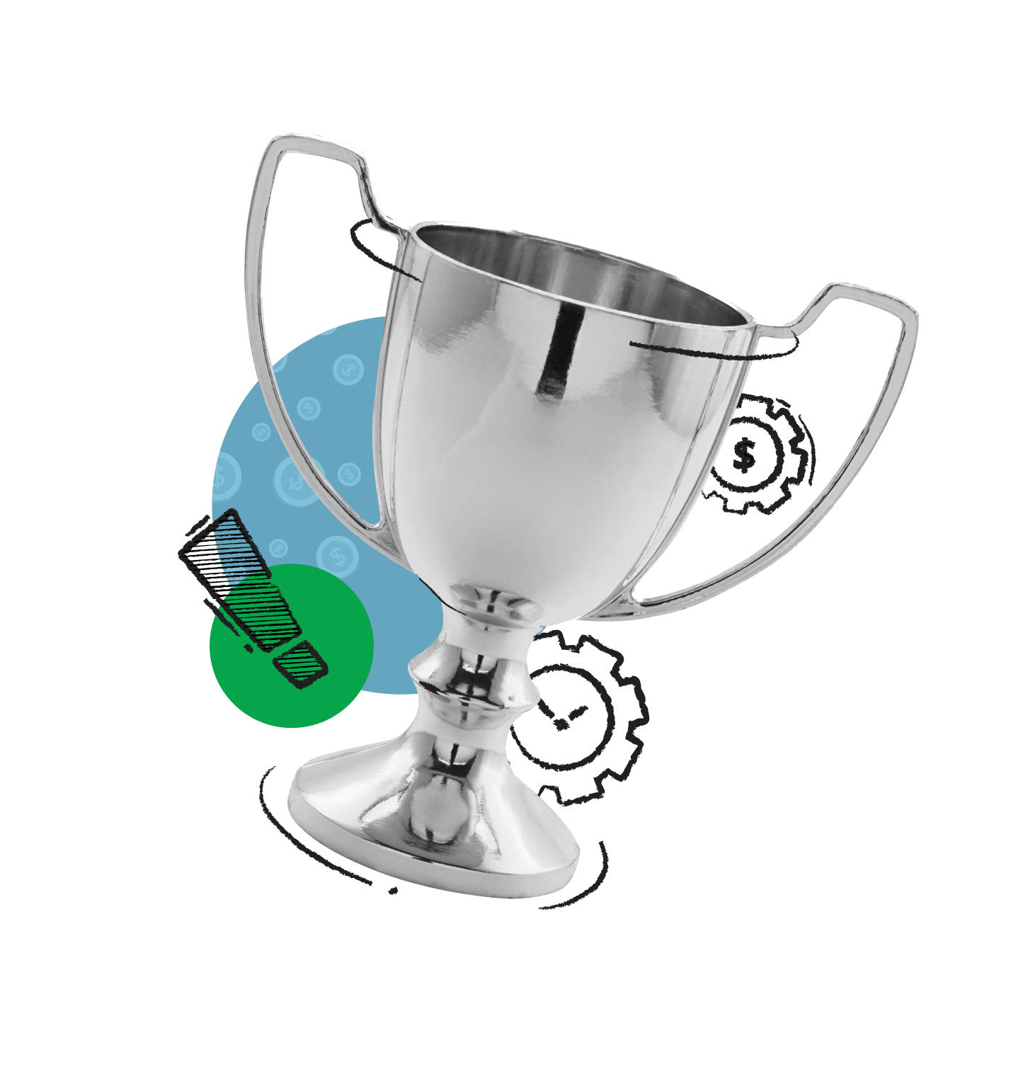 A silver trophy with gears around it on a white background.