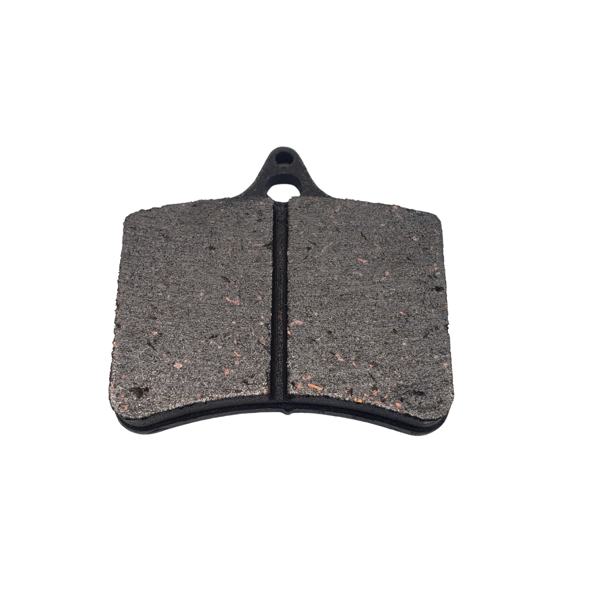 Gray brake pad with a central groove and mounting tab on a white background