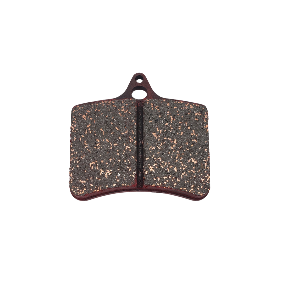 Brake pad with dark, speckled friction surface and red backing plate on white background