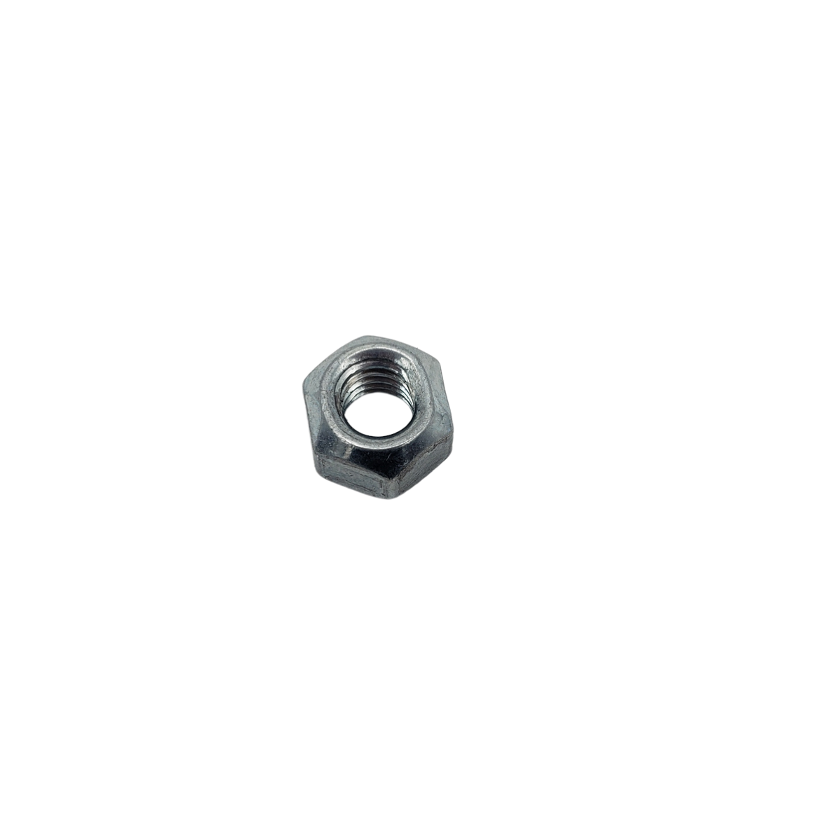 Small silver hex nut on a white background