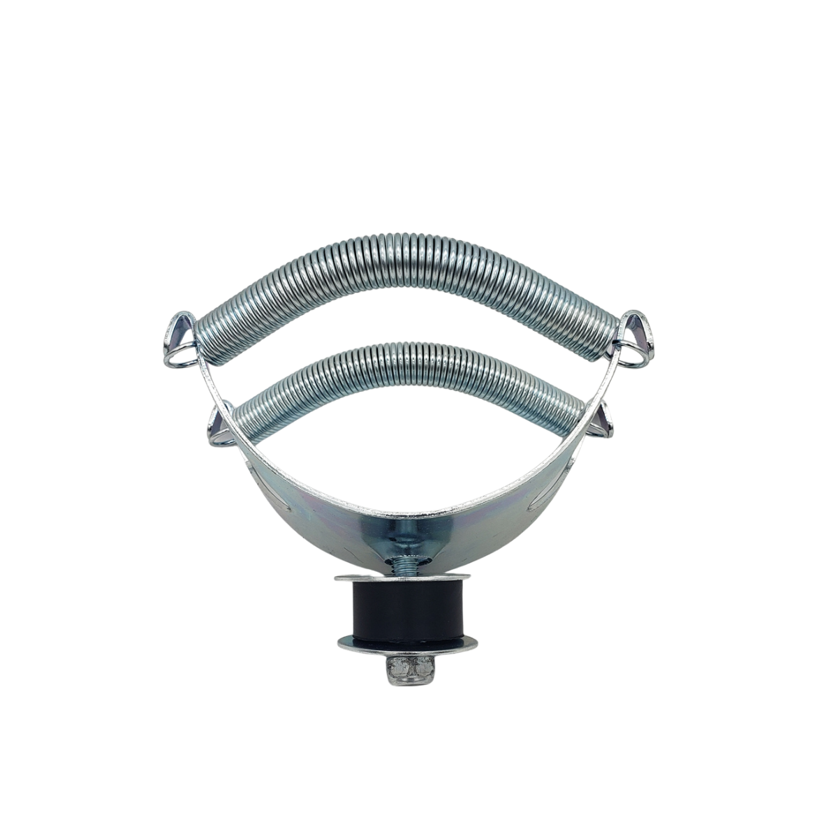 Metal cable clamp with a curved spring and black base on a white background
