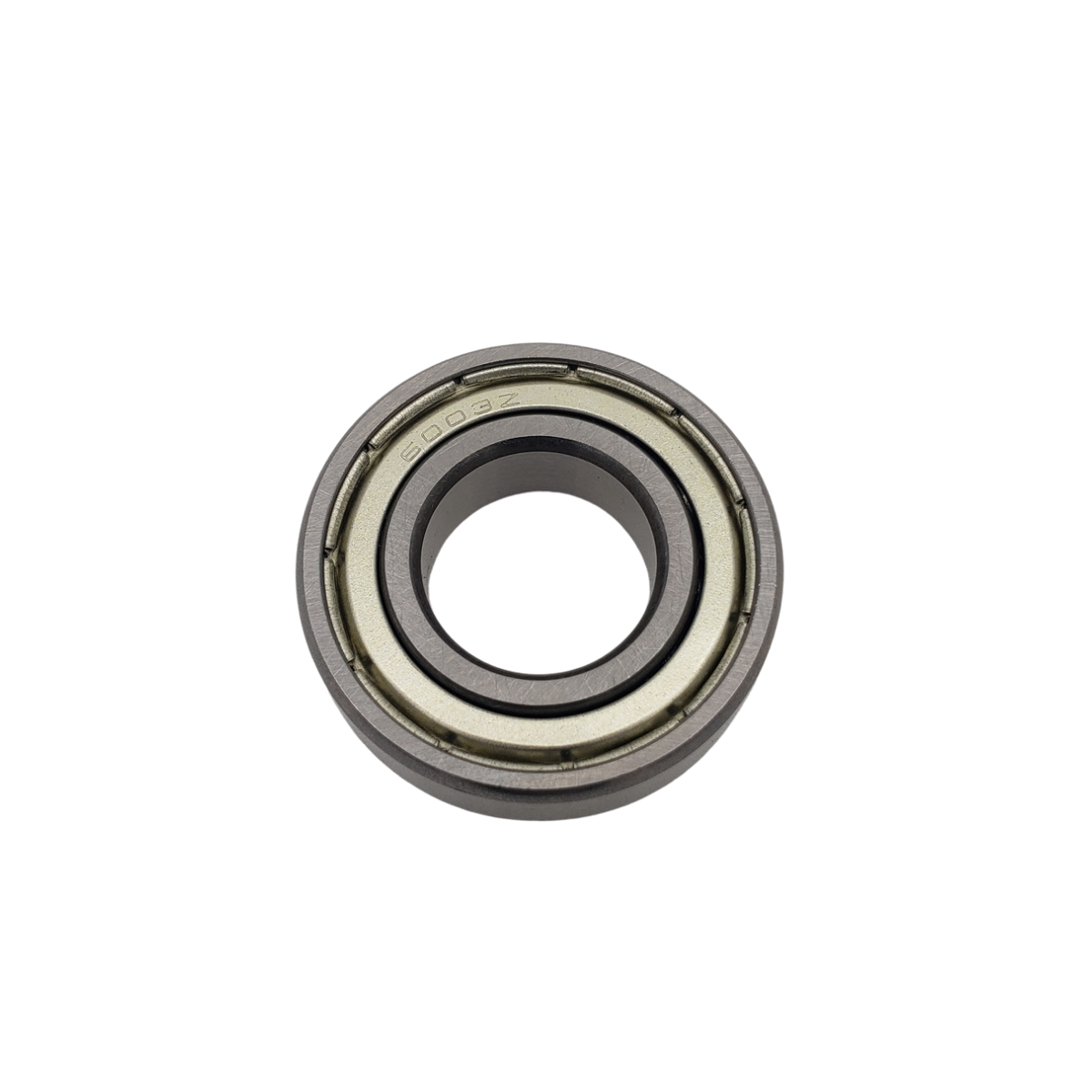 Small metal ball bearing with a gray and beige outer ring on a white background