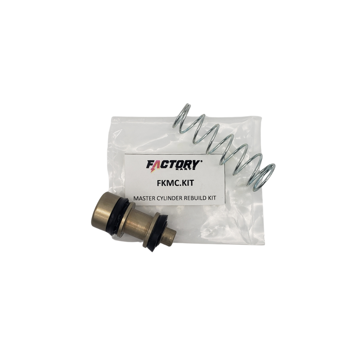 Motorcycle fork seal kit with spring and black-and-brass part in clear plastic packaging