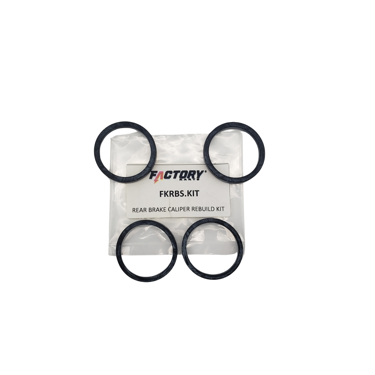 Small white pouch with four black circular pieces arranged around it on a white background