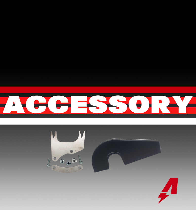 Assorted black and silver accessory parts on a red-and-black banner labeled “ACCESSORY”