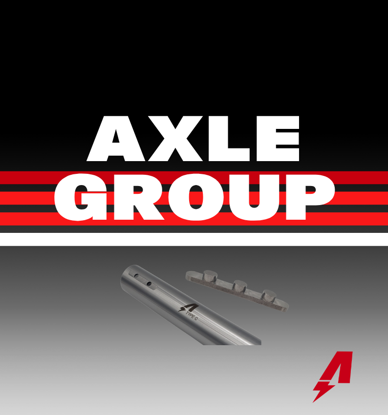 AXLE GROUP logo on black background with red stripes and metallic axle components