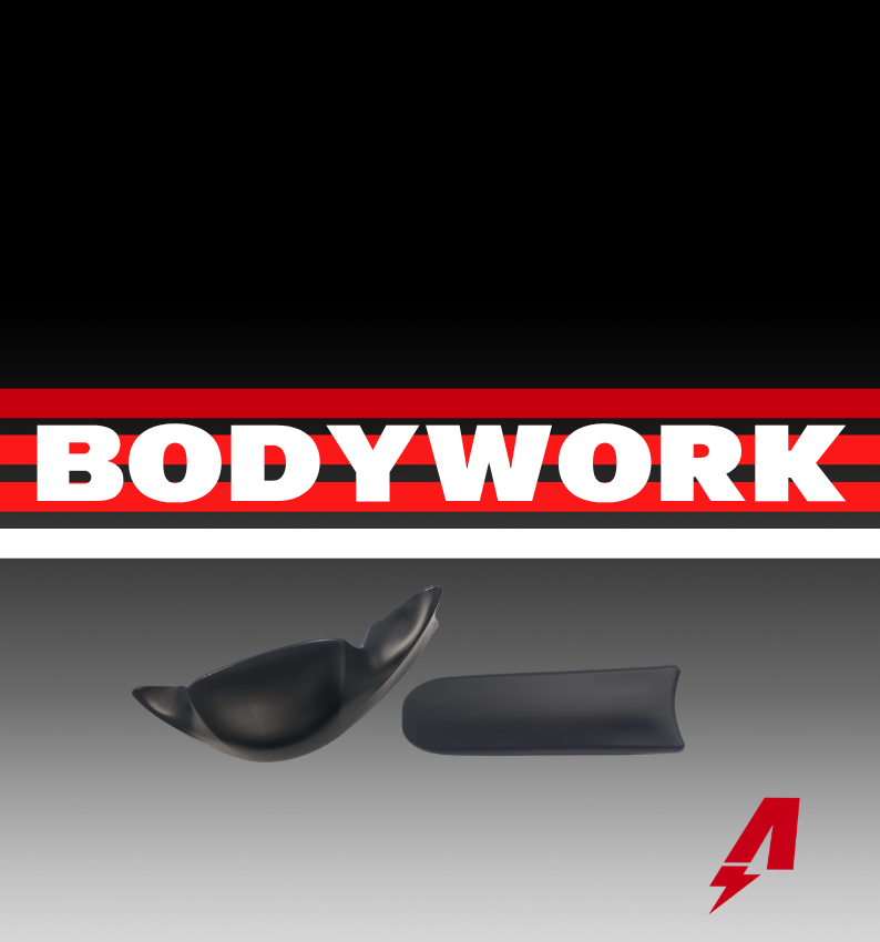 BODYWORK logo with black and red styling above two dark car body panel parts