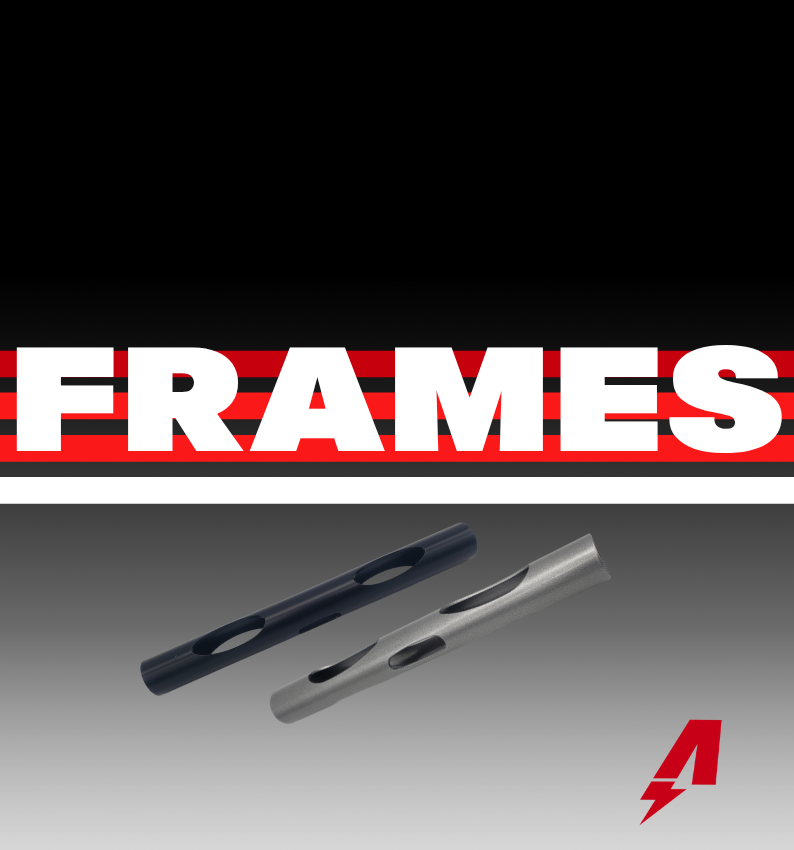Bold “FRAMES” text with two sleek black eyeglass frames on a gray background.